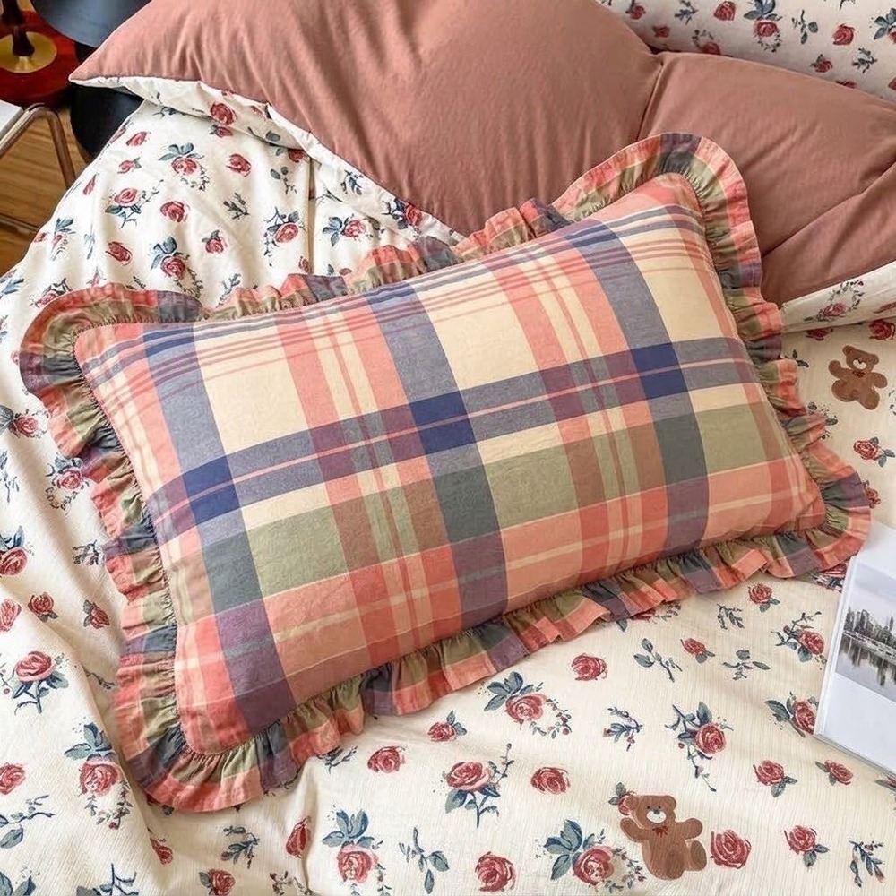 Vintage Plaid Ruffled Single Standard Pillow Case Cottagecore Retro 90s Country